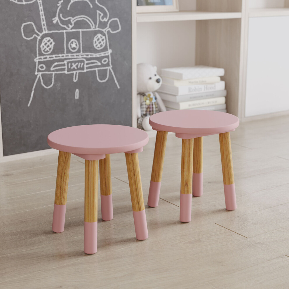 (2, Pink) Kids Wooden Stool Seat Round Chair Toddlers Kids Small Children Home Nursery