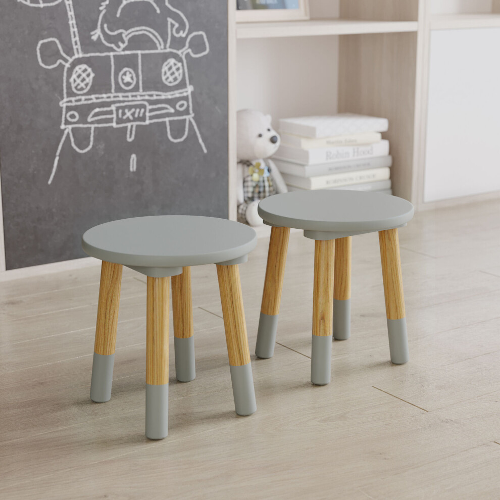 (2, Grey) Kids Wooden Stool Seat Round Chair Toddlers Kids Small Children Home Nursery