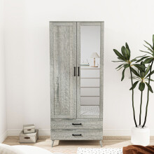 (Ash Grey) 180cm Mirror Wardrobe 2 Door 2 Drawer Bedroom Clothes Storage Hanging Rail