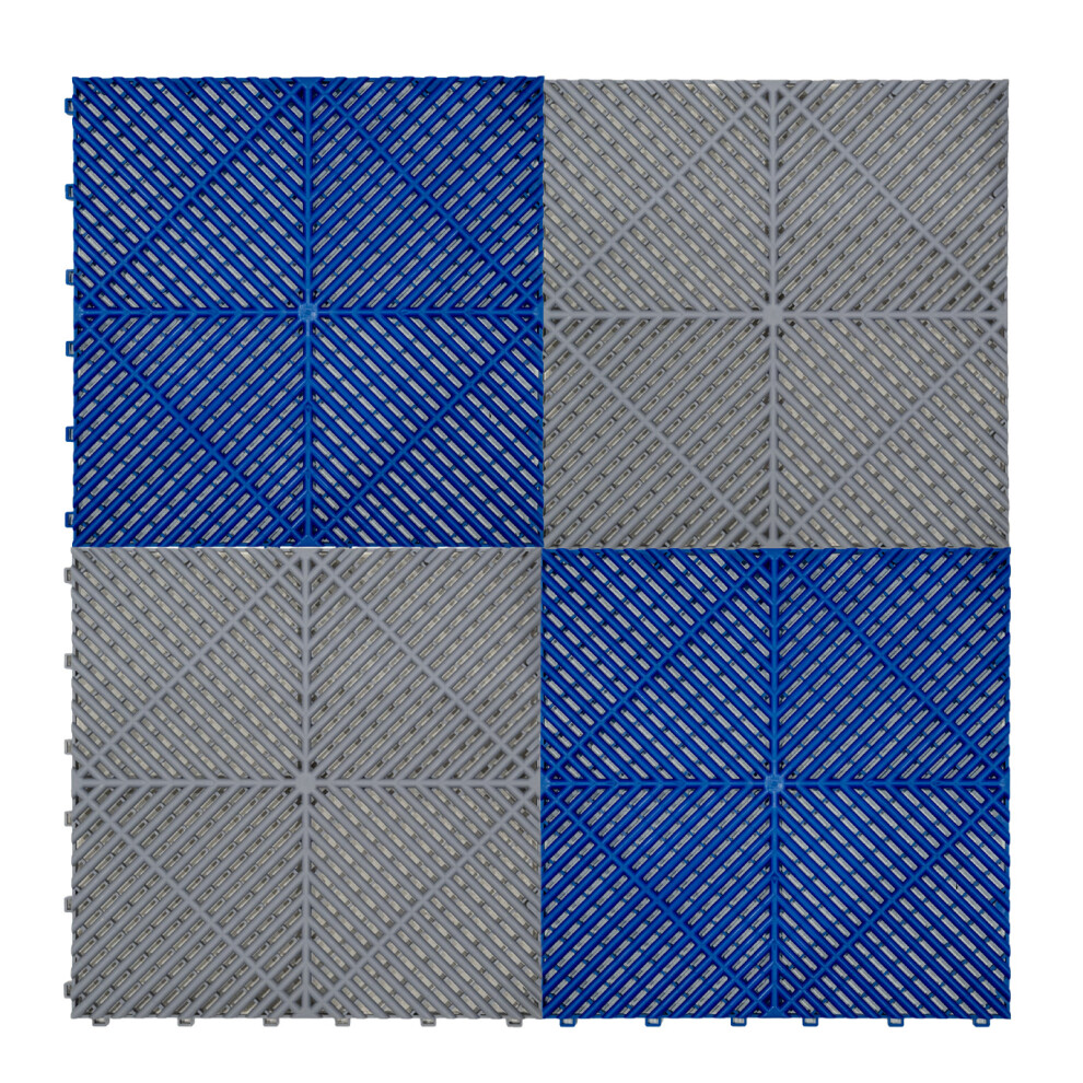 (Vented Garage Floor Tiles Grey (x90), Blue (x30) With Edges (x46)) Vented Interlocking Floor Tiles Full Set