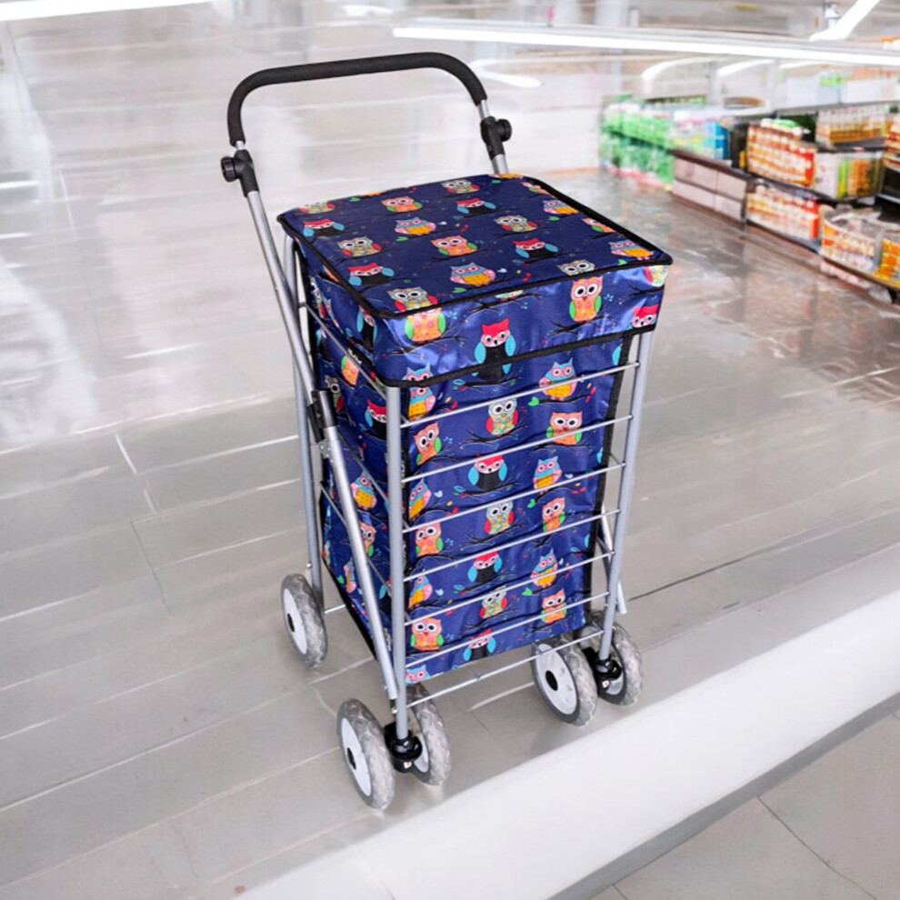 (Navy Owl Print) 6 Wheel Foldable Shopping Trolley Cart Grocery Bag