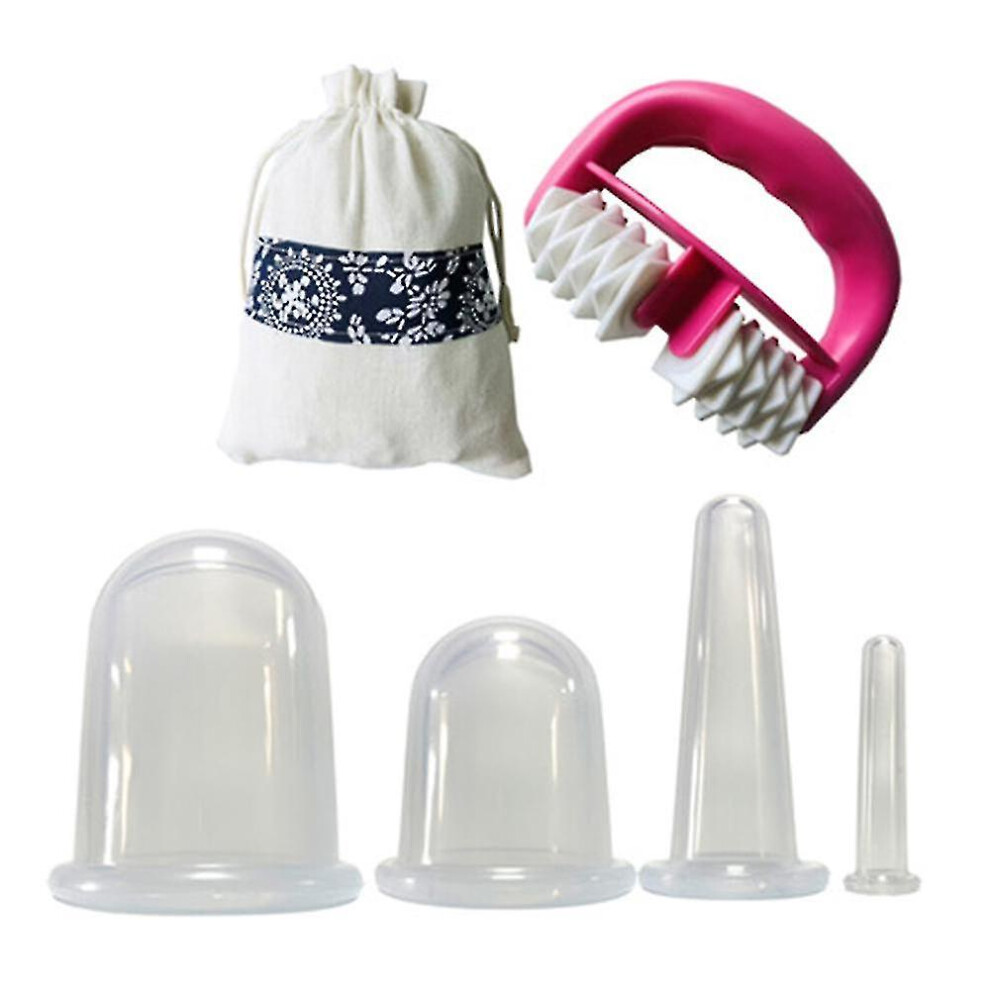 Pink (Transparent*Pink) 4Pcs Vacuum Cups + Massage Roller Silicone Cupping Set,Facial And Body Massage Vacuum Cupping Therapy Set For Cellulite Treatment A
