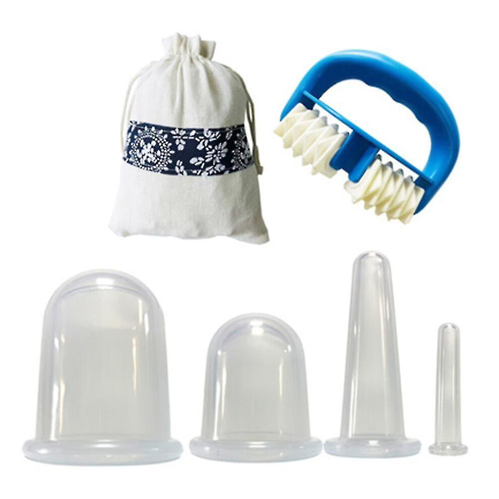 Blue (Transparent*Blue) 4Pcs Vacuum Cups + Massage Roller Silicone Cupping Set,Facial And Body Massage Vacuum Cupping Therapy Set For Cellulite Treatment A