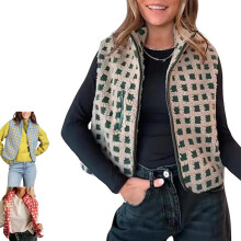 (S, green) Women's Checkered Sherpa Vest Sleeveless Zip, Cardigan Warm Collared Outerwear Vests