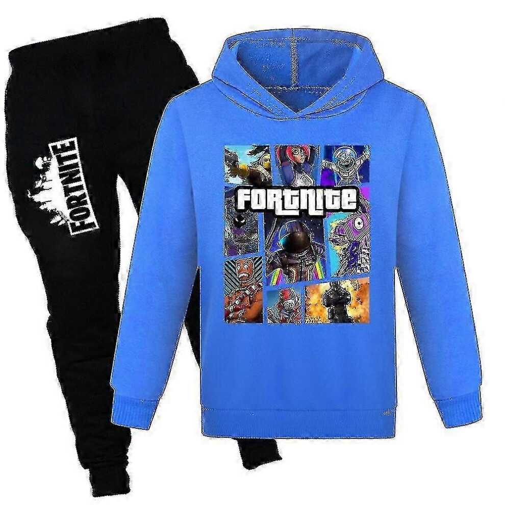 (Blue, 11-12 Years) 7-14 Years Kids Teens Boys Girls Fortnite Tracksuit Set Hoodies Hooded Sweatshirt Tops+pants Outfits Suit Gifts