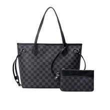 (Black) Women Checkered Tote Shoulder Bag Purse Pu Leather Handbag Bag With Inner Pouch
