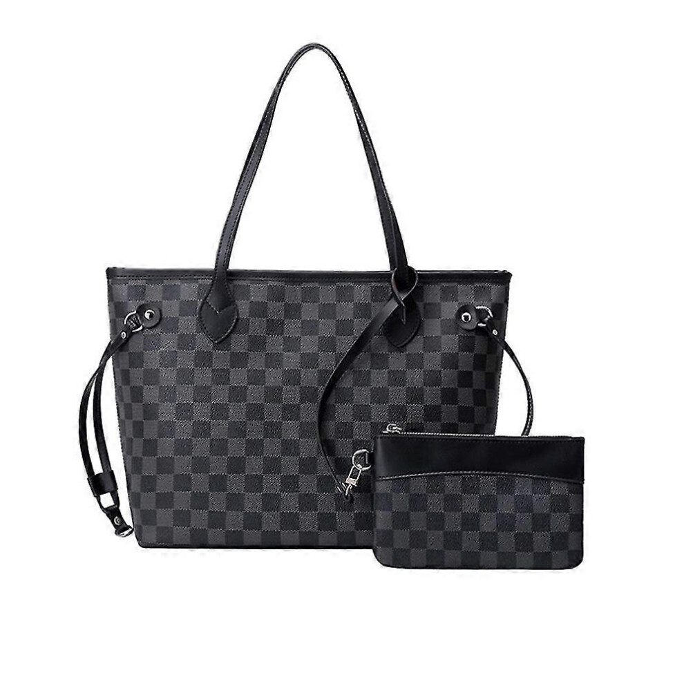 (Black) Women Checkered Tote Shoulder Bag Purse Pu Leather Handbag Bag With Inner Pouch