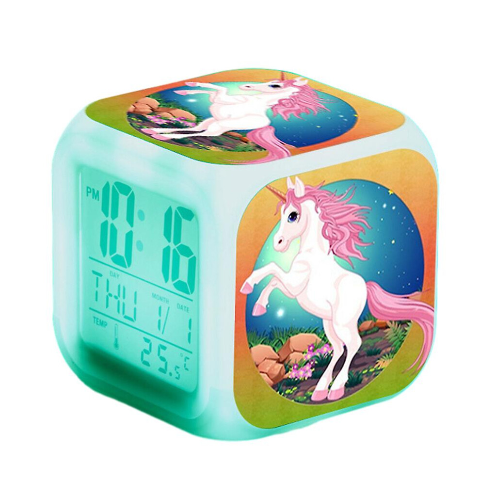 (B) Unicorn Print Thermometer Alarm Clock Cartoon Anime Night Bedside 7 Color Changing Clock Home Decor Kids Gifts Light