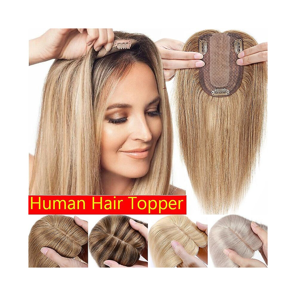 (12inch, ash & blond) Human Hair Clip In Hair Toppers Long Straight Hair Extension For Woman