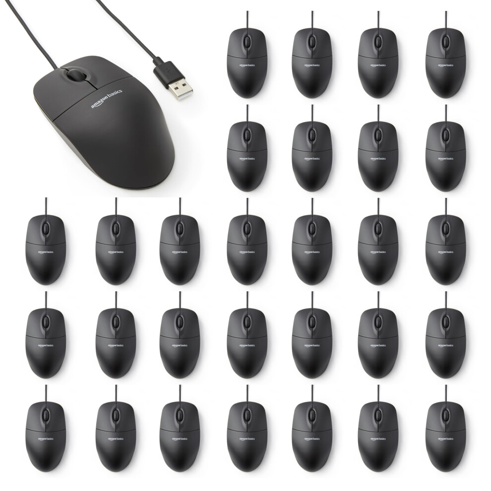 Amazon Basics 3-Button Wired Usb Computer Mouse - Pack Of 30 Black