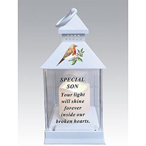 Waterproof Robin Memorial Graveside Lantern with LED Candle (Son)