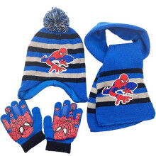 (C) Kids Spiderman Superhero Winter Warm Knitted Hat Scarf Gloves Set Pom Pom Beanie Hat for 3-8 Years Boys