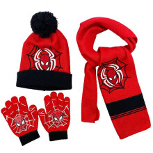 (A) Kids Spiderman Superhero Winter Warm Knitted Hat Scarf Gloves Set Pom Pom Beanie Hat for 3-8 Years Boys