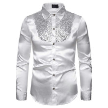 (L, White) Men Formal Evening Party Sequins Glitter Slim Fit Button Shirts Party Long Sleeve Dress Shirt Tops