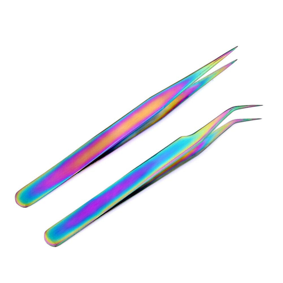Brand: Aysekone Aysekone 2 Pcs Rainbow Stainless Steel Curved Tweezers + Straight Tweezer For Rhinestones Picker Eyebrow Eyelash Tweezers Manicure Nail Art Tools