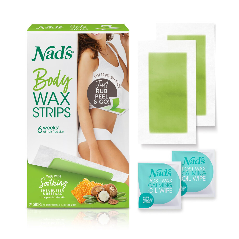 Nads Body Wax Strips Hair Removal For Women At Home plus 4 Calming Oil Wipes, 24 Count