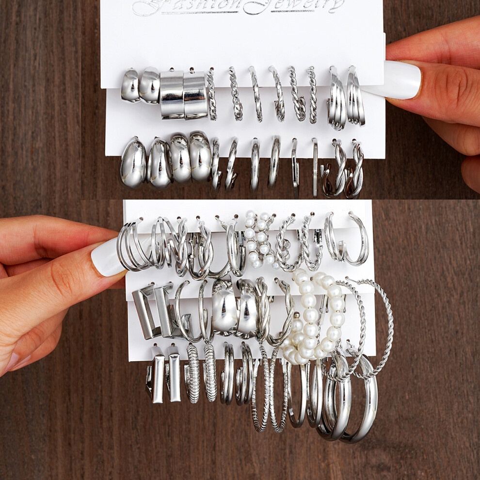 (AYA1) 60 Pcs/Set Fashion Earrings For Women Boho Vintage Silver Color Geometric Design Pearl Rhinestone-image-OPC-PFVXR85-NEW