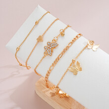(AYA 6109901) Gold Color Vintage Butterfly Anklet Set For Women Boho Multilayers Love Zircon Anklet Bracelet