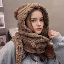 (Khaki) Cozy Knit Beanie with Pom-Pom & Integrated Neck Warmer - Stylish Women's Winter Hat
