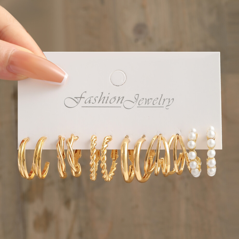 Photos - Earrings 24 Pcs Gold Color Vintage Hoop Set for Women Girl Boho Pearl Geometric Metal Twist Earring(AYA5652401)