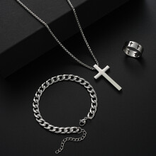 (AY6077701) 3 Pcs Stainless Steel Bracelet Necklace Ring for Men Women Retro