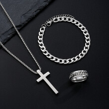 (AY6081302) 3 Pcs Stainless Steel Bracelet Necklace Ring for Men Women Retro