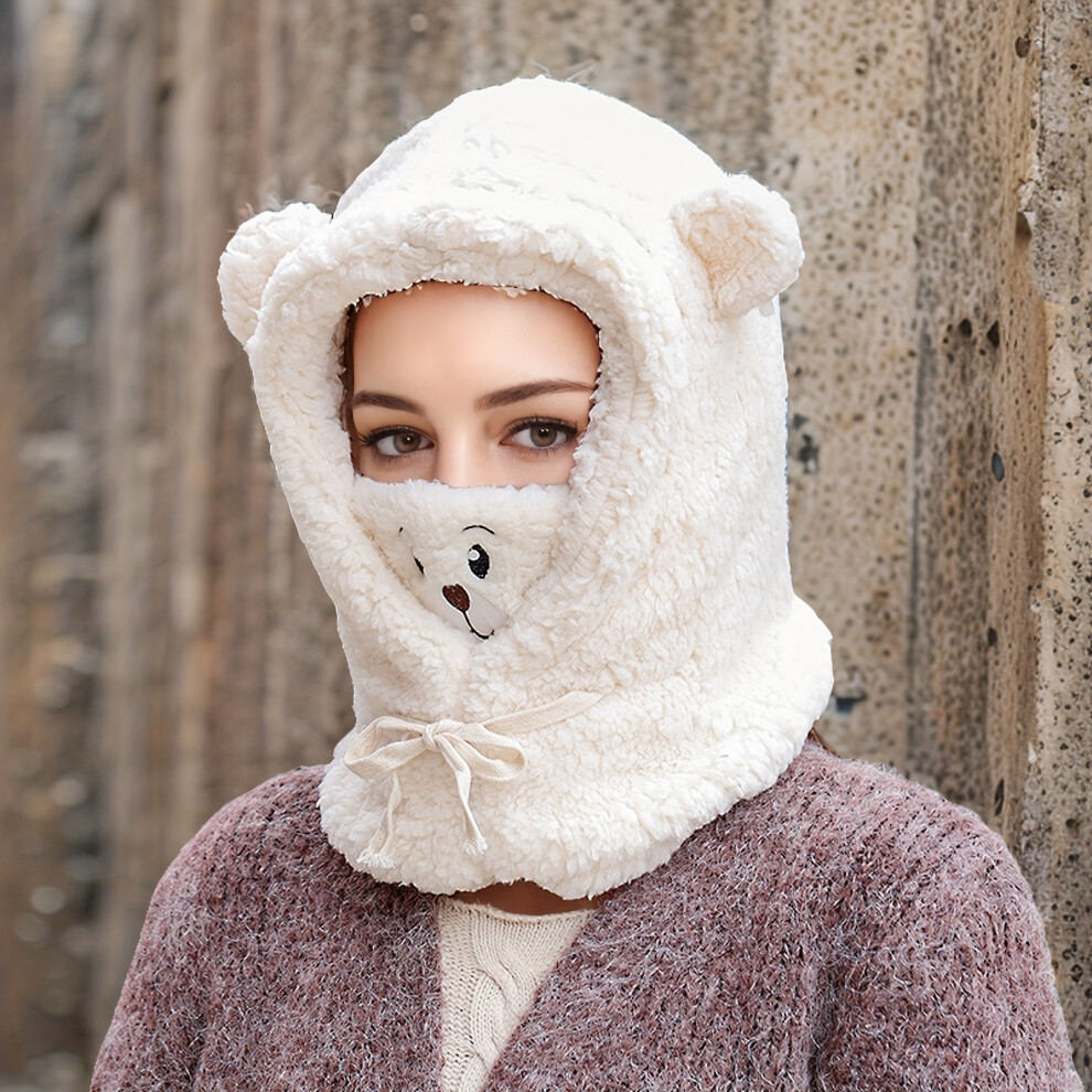 (White) Winter Furry Bear Hood with Integrated Ear Cover, Polyester Plush Hooded Cap-image-OPC-PFVXRWN-NEW