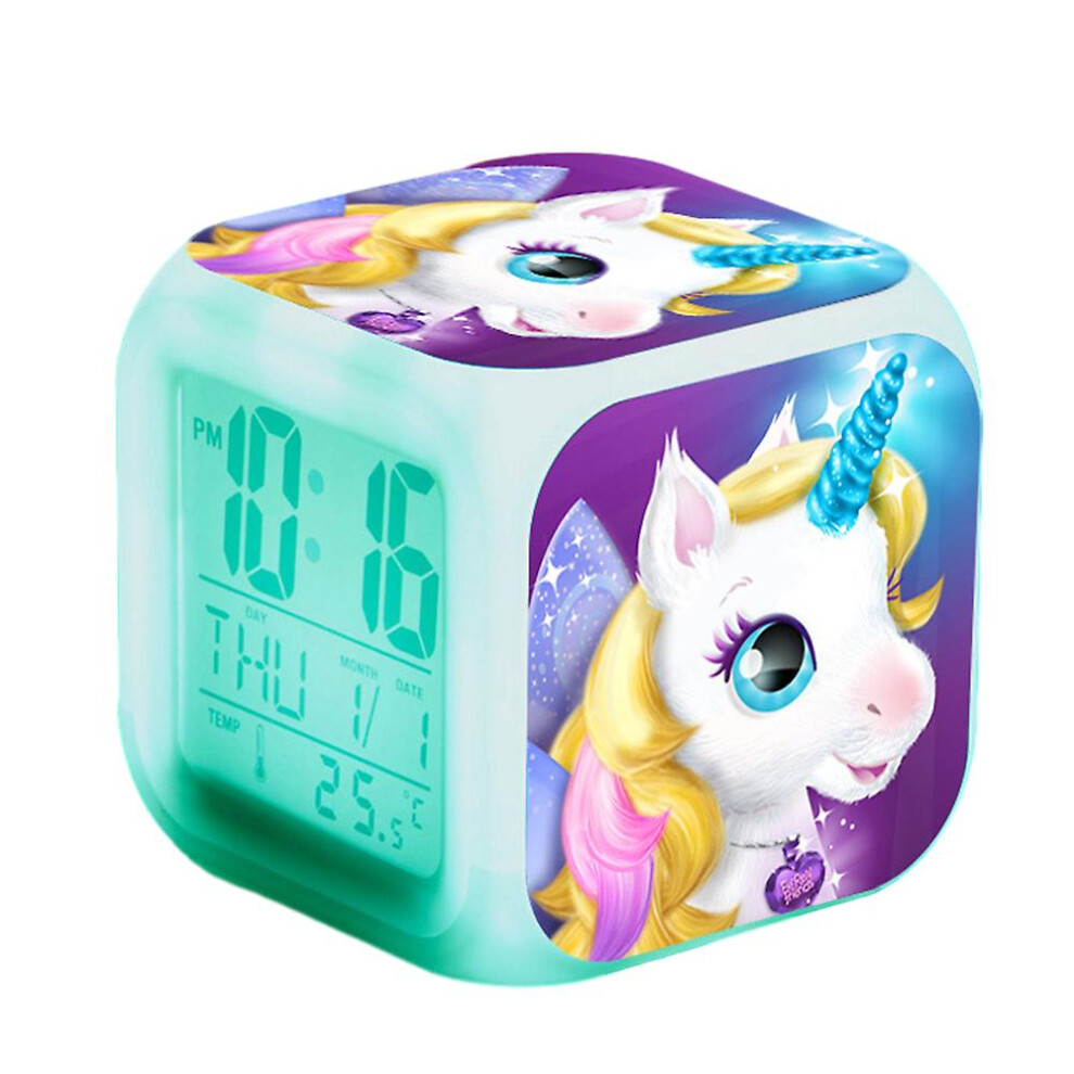 (C) Unicorn Print Thermometer Alarm Clock Cartoon Anime Night Bedside 7 Color Changing Clock Home Decor Kids Gifts Light