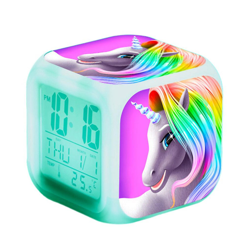 (A) Unicorn Print Thermometer Alarm Clock Cartoon Anime Night Light Bedside 7 Color Changing Clock Home Decor Kids Gifts