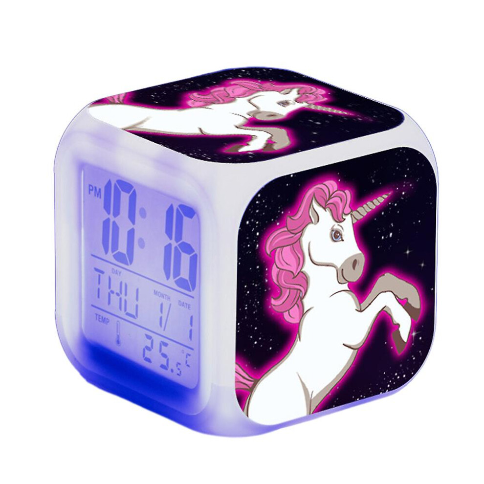 (E) Unicorn Print Thermometer Alarm Clock Cartoon Anime Night Light Bedside 7 Color Changing Clock Home Decor Kids Gifts