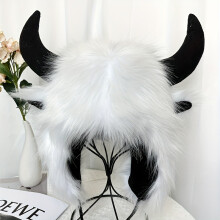 (White) Classic Fluffy Cow Hat With Horns Solid Color Ear Flap Hat Winter Warm Plush Hats Thick