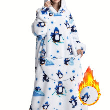 (Multi-colored, One size fits all) Cozy Plus Size Flannel Hooded Blanket Robe - Adorable Penguin Print, Soft Plush and Stretch Pajamas