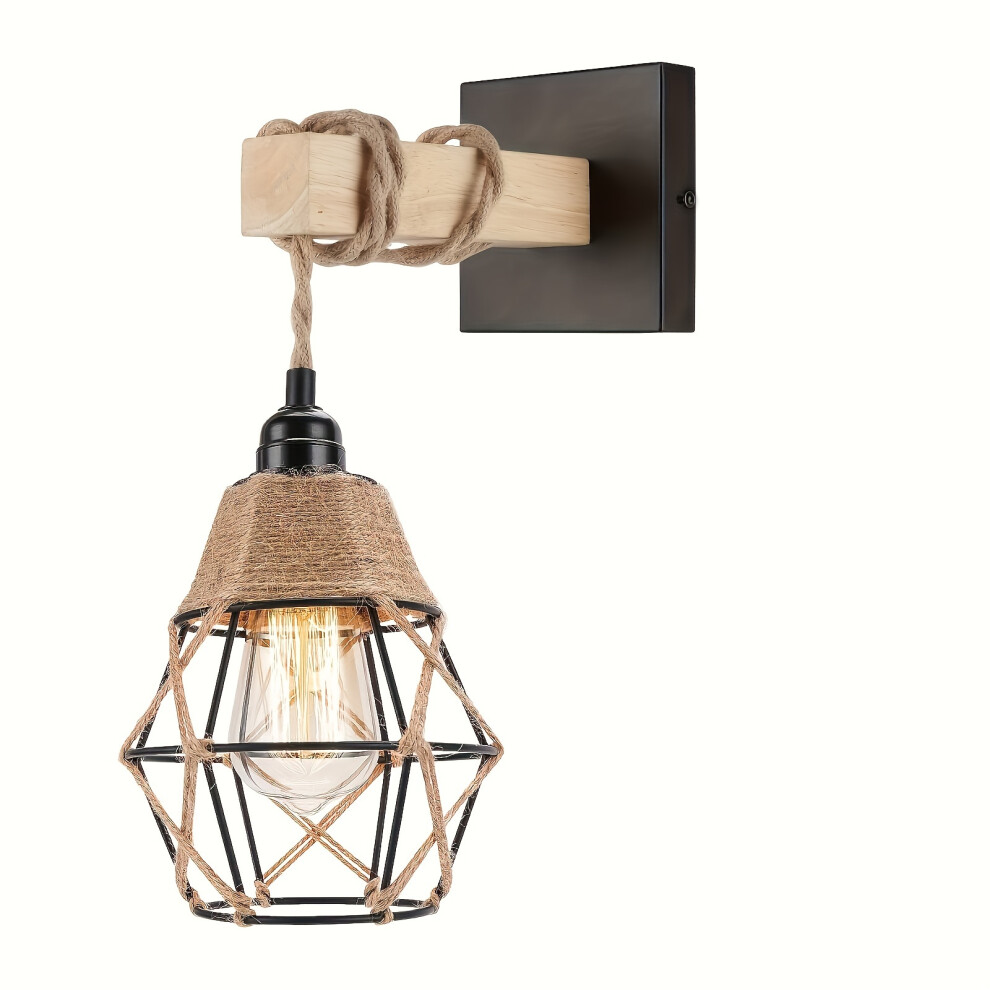 (1pack) Boho Chic Farmhouse Rattan Wall Sconce - Industrial Cage Wood Lamp for Living Room & Bedroom Decor