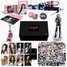 (Jennie) Kpop Black And Pinked Gift Box Jennie Jisoo Lisa Rose Photocards Stickers Masking Tape Acrylic Stand Combination Kits Fans Gifts