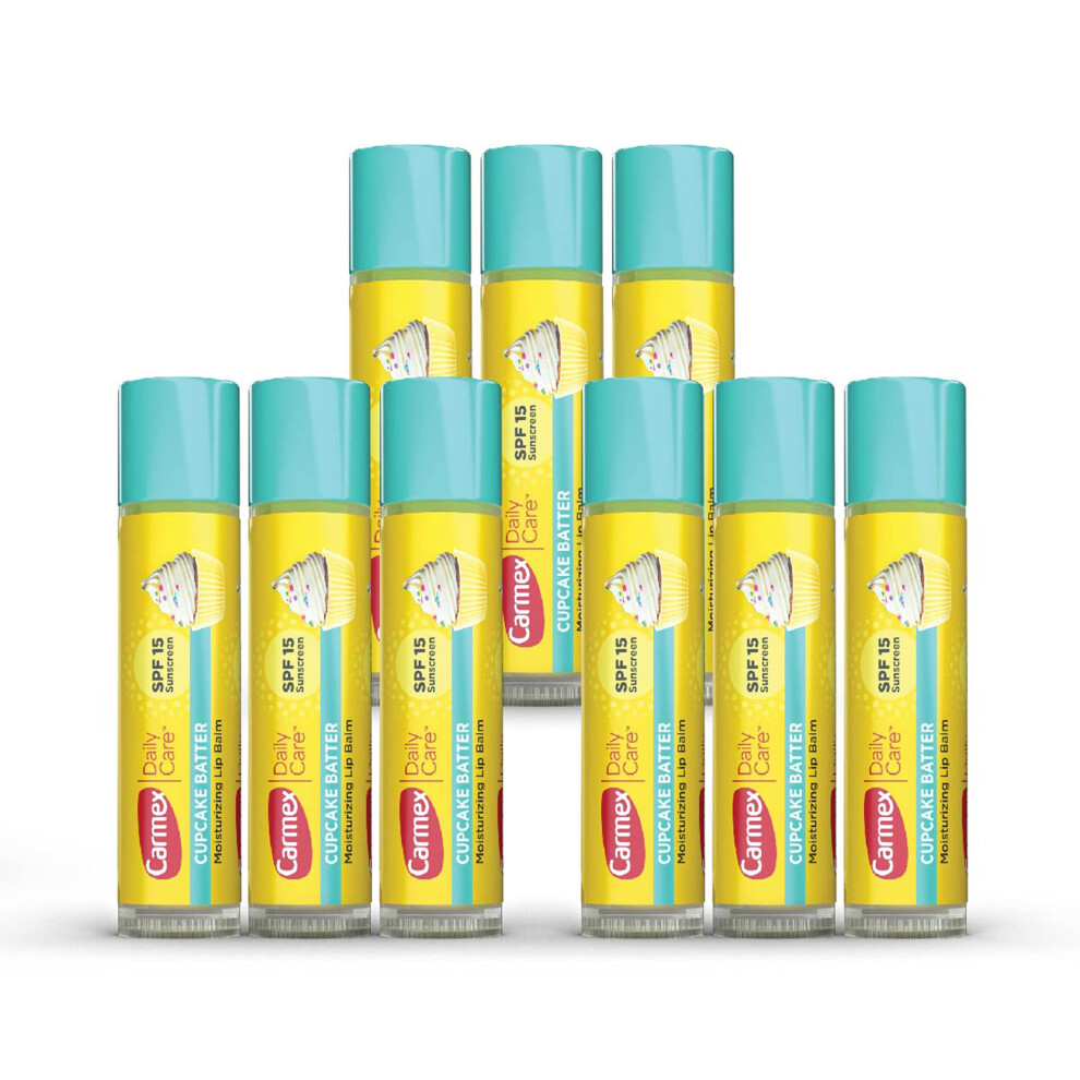 Carmex Daily Care Moisturizing Lip Balm with SPF 15, Cupcake Batter Lip Balm Sticks, 0.15 OZ Each - 9 Count