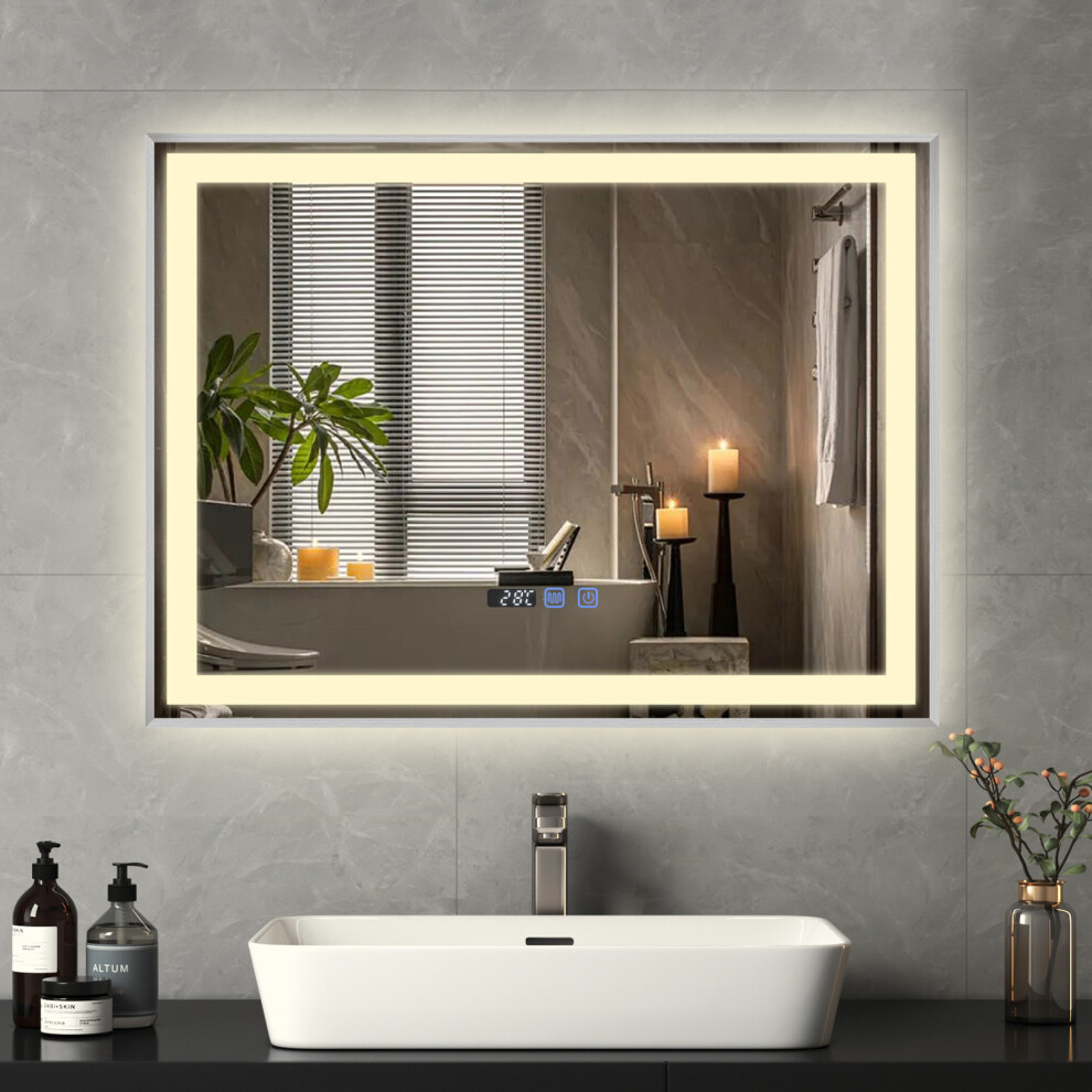 (Silver) LED Bathroom Mirror 80*60cm 3 Color Illuminated UK