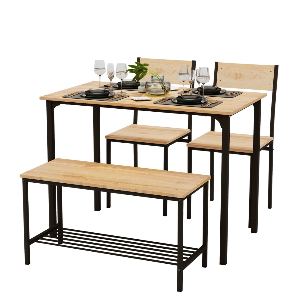 4pcs Dining Table and Chairs Set Wooden Bench 2 Chair Seat Metal Frame