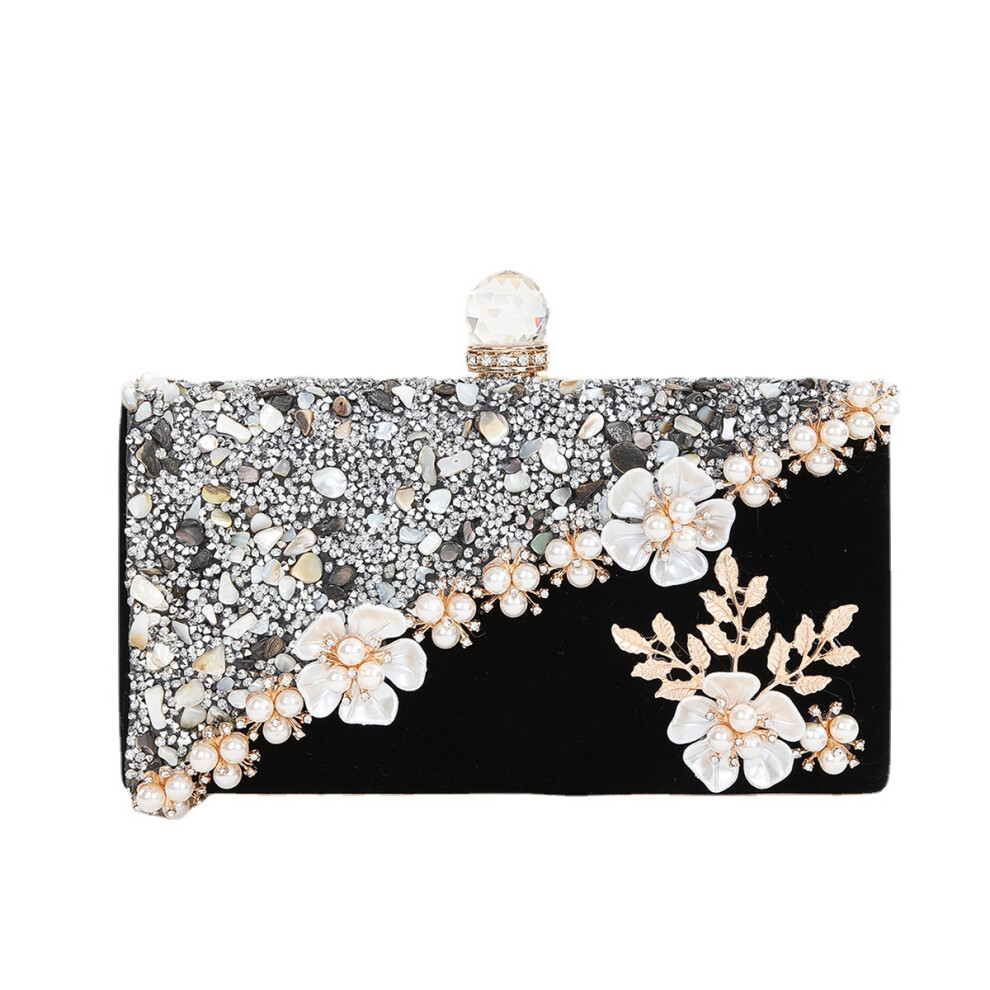 Women's Black Rhinestone Flower Evening Bag Wedding Handbag