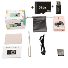 (Pink fixed focus+32GB memory card+card reader) HD Digital Camera, Mini Digital Camera for Students/Children Dedicated Photography Camera DC403, 1080P Full HD 44MP 16X Camera