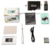 (Green fixed focus+32GB memory card+card reader) HD Digital Camera, Mini Digital Camera for Students/Children Dedicated Photography Camera DC403, 1080P Full HD 44MP 16X Camera