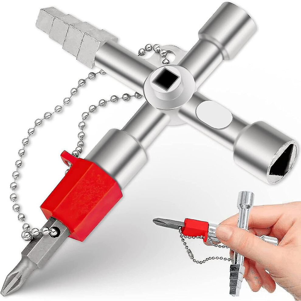 4-Way Wrench, 4-Way Multi-Function Wrench, Universal Cross Wrench For Water And Electricity Meters, Radiators, Gas Meters, Elevators (Silver) 3247719299289