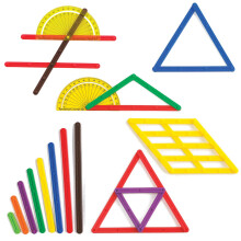 VENTAJA DE APRENDIZAJE Juego b   sico GeoStix - 80 palitos de construcci   n - 24 tarjetas de actividades - 2 transportadores - Construye formas 2D y