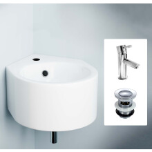 Corner Wall Hung 310 x 435mm Basin, Round Mini Mixer Tap & Basin Waste