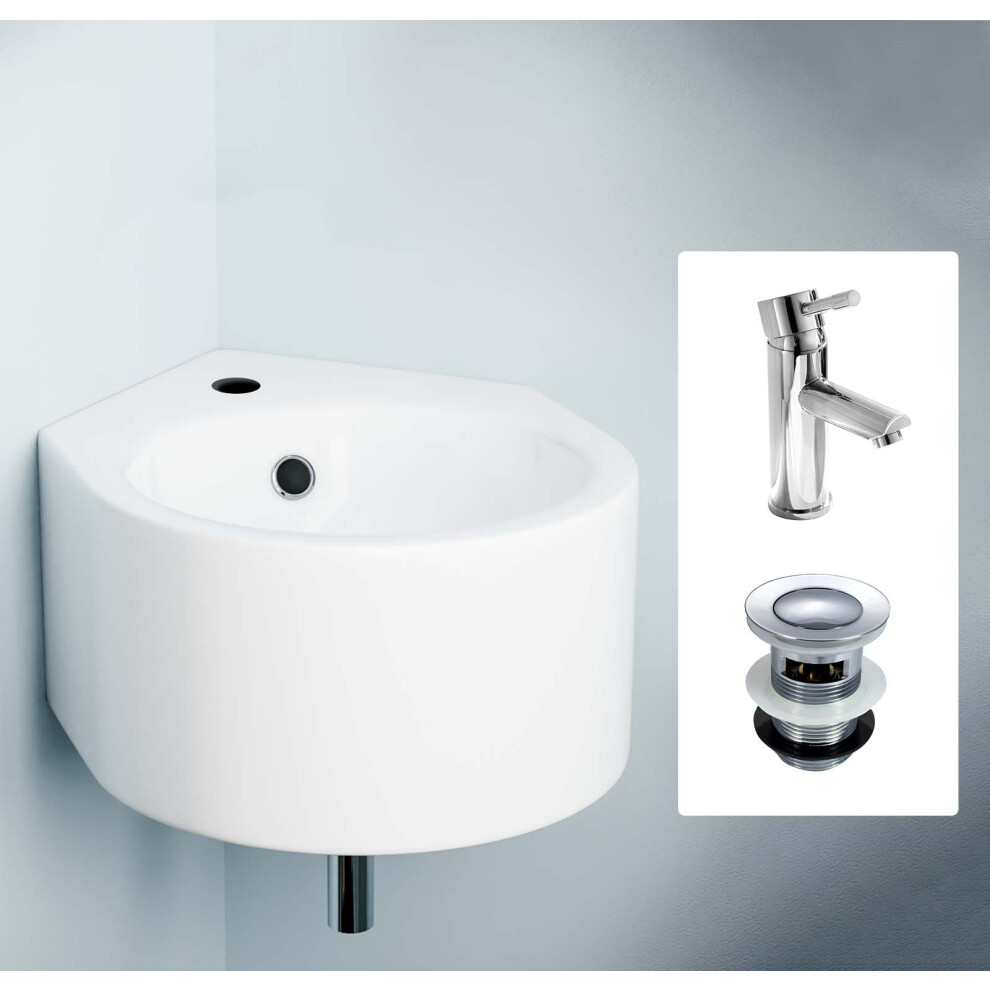 Nes Home Corner Wall Hung 310 X 435Mm Basin, Round Mini Mixer Tap & Basin Waste
