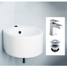 Corner Wall Hung Bathroom 310 x 435mm Cloakroom Ceramic Basin, Raldo Bathroom Cloakroom Basin Mixer Tap & Basin Waste