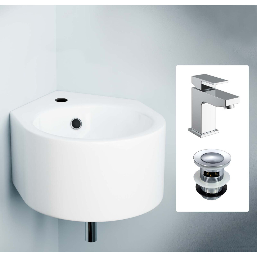 Nes Home Corner Wall Hung Bathroom 310 X 435Mm Cloakroom Ceramic Basin, Raldo Bathroom Cloakroom Basin Mixer Tap & Basin Waste