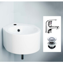 Corner Wall Hung 310 x 435mm Cloakroom Basin, Mixer Tap & Basin Waste