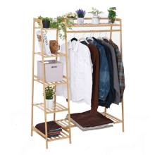 Neo Natural Bamboo Garment Clothes Rack Storage Shelf Hanging Rail Side Hooks for Entryway Bedroom Bathroom and Office