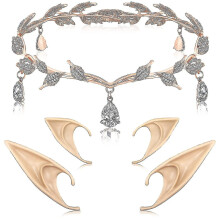 Rhinestone Leaf Wedding Tiara Crown Headband Cosplay Fairy Pixie Elf Ears for Brides Pageants Wedding Prom (rose Gold)