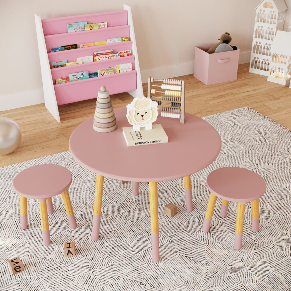 (Table with 4 Stools, Pink) Kids Wooden Round Table & Chair Set Toddlers Small Children Home Nursery Play